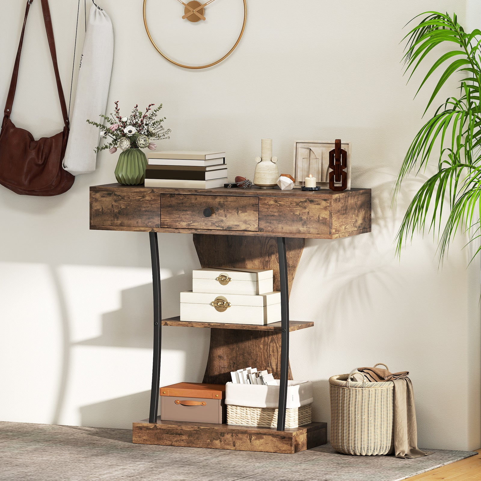 HOMCOM Console Table Hallway Table With Storage Shelves, Rustic Brown