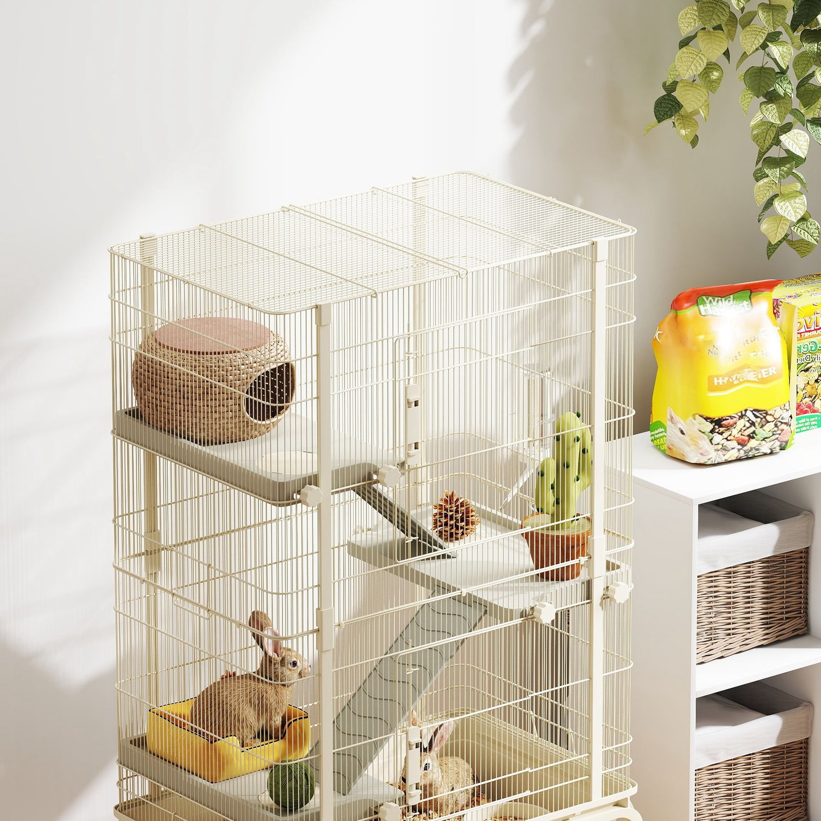4 Levels Rolling Small Animal Cage With 3 Ramps, Water Bottle, Food Dish, Beige