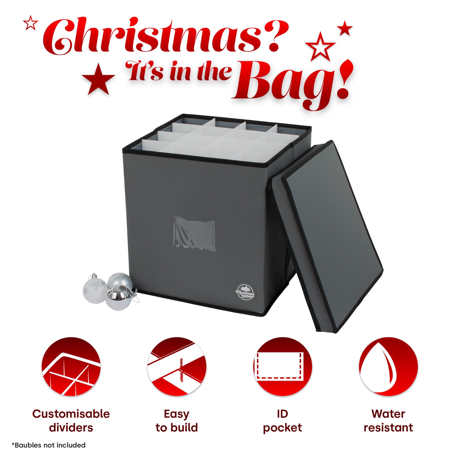 Grey Bauble Storage Bag With 64 Slots Zip Lid & Carry Handles