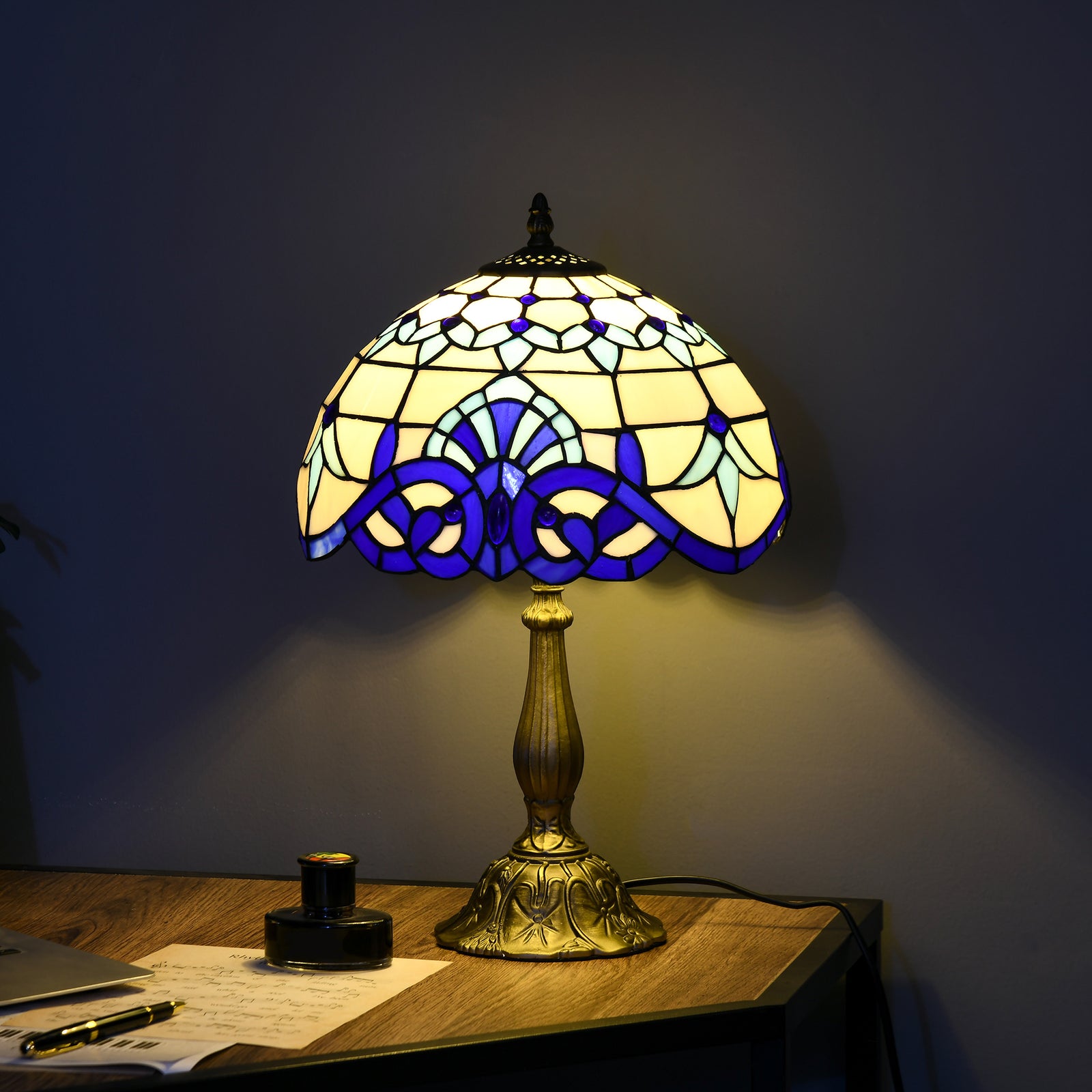 Stained Glass Table Lamp, Handmade Antique Bedside Lamp