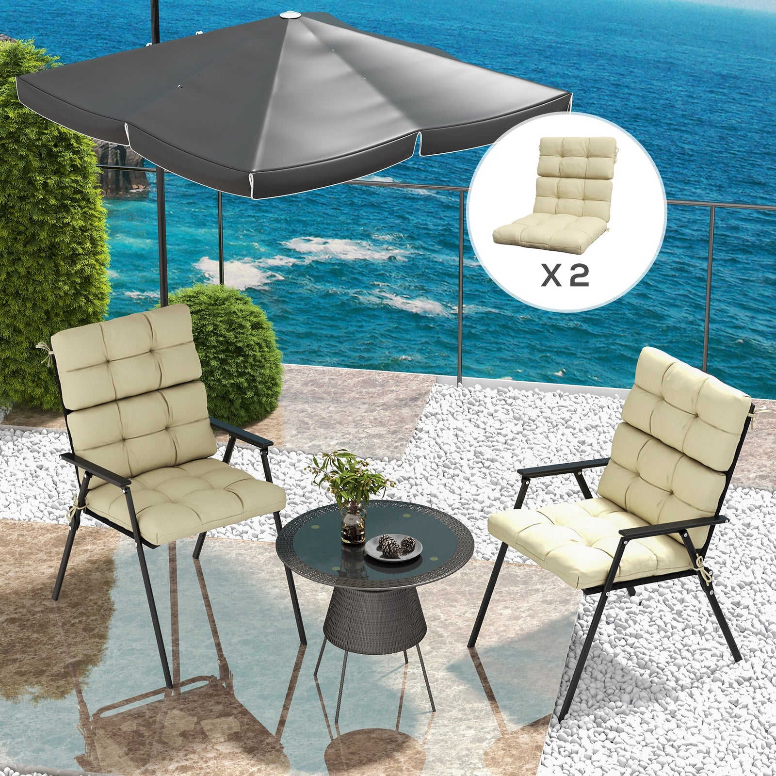 2pc Outdoor Seat Cushion With Backrest, Ties, For Garden | Beige