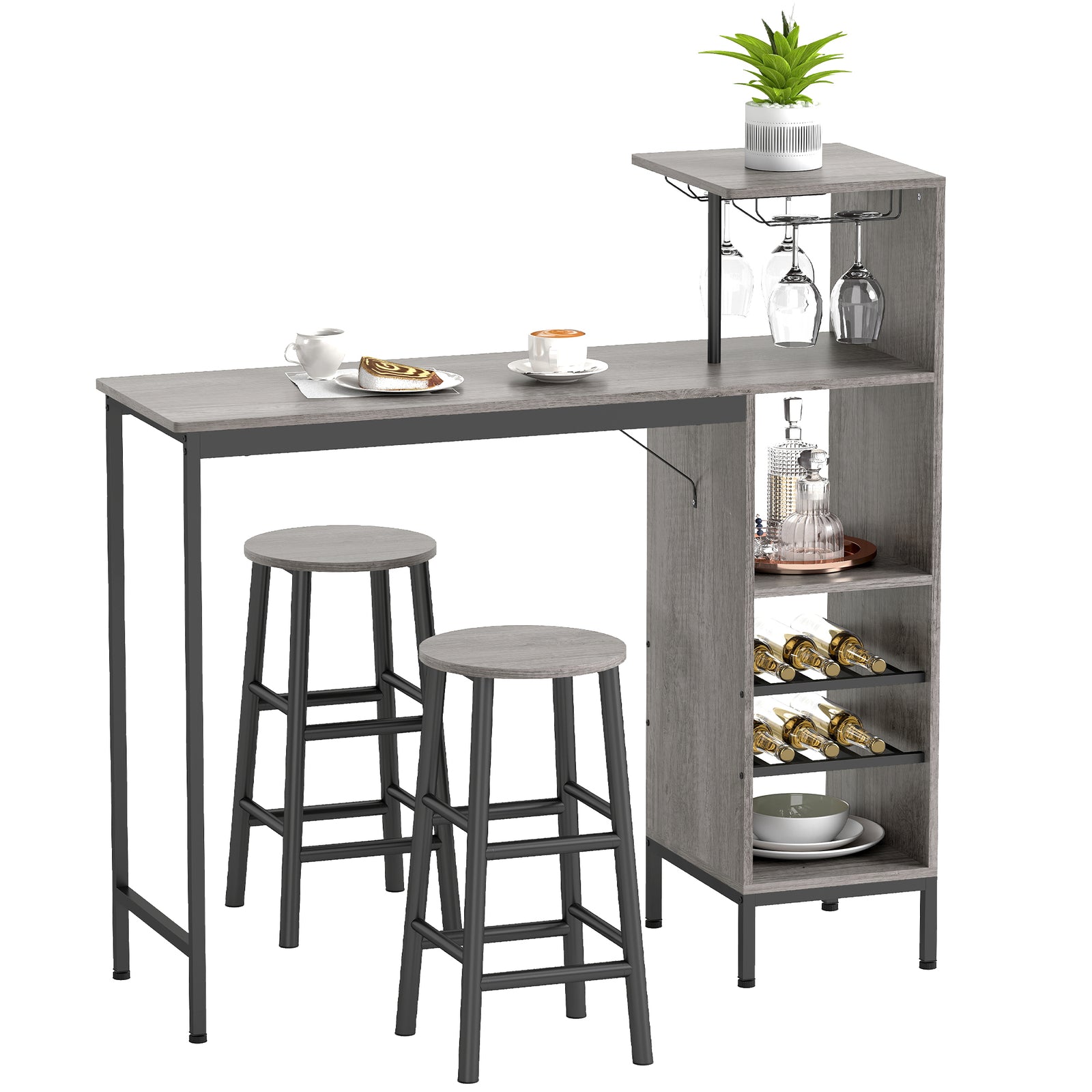 HOMCOM 3 Pieces Dining Room Set, 6-tier Dining Table And Stools, Natural
