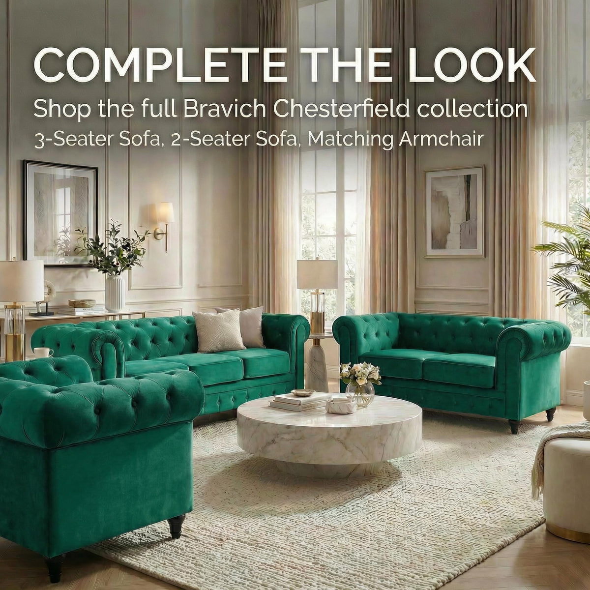 Chesterfield Scroll Arm Velvet Sofa 3 Seater | Emerald