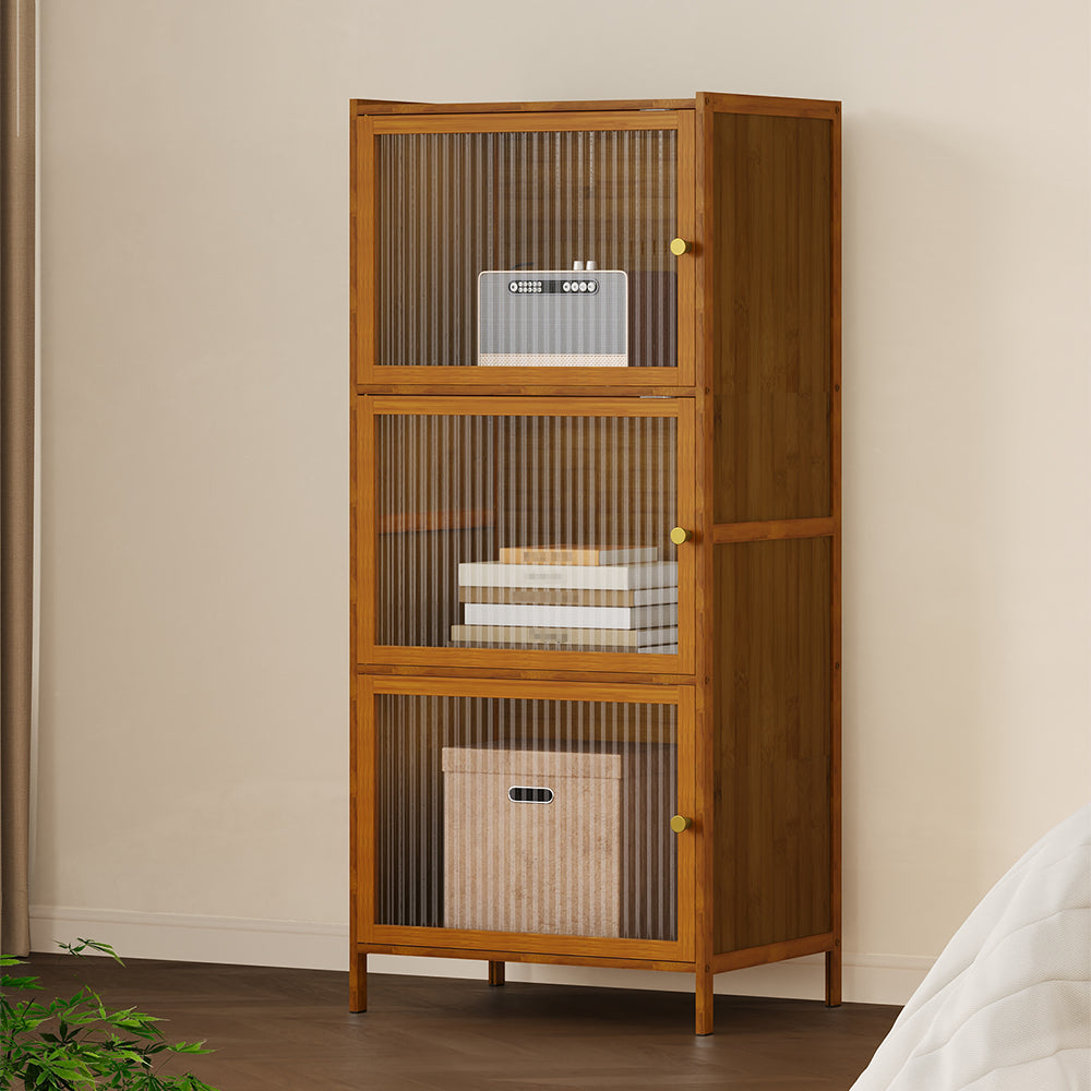 Versatile 3-tier Storage Cabinet With Transparent Doors,bamboo & Mdf Freestanding Organizer For Small Spaces