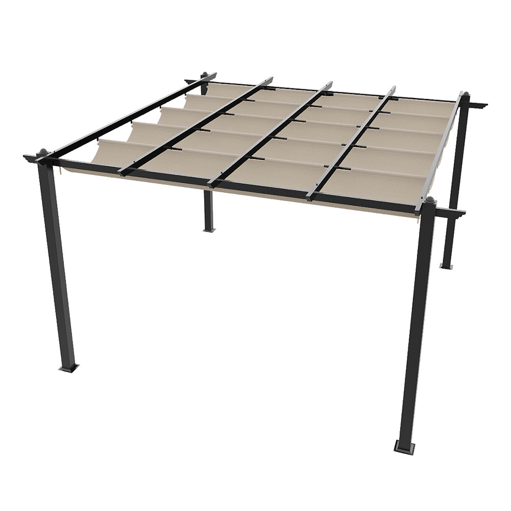4m X 4m Outdoor Aluminium Pergola With Retractable Roof, Pu-coated Water-resistant Canopy,black Frame Patio Shelter For Garden, Backyard | Beige