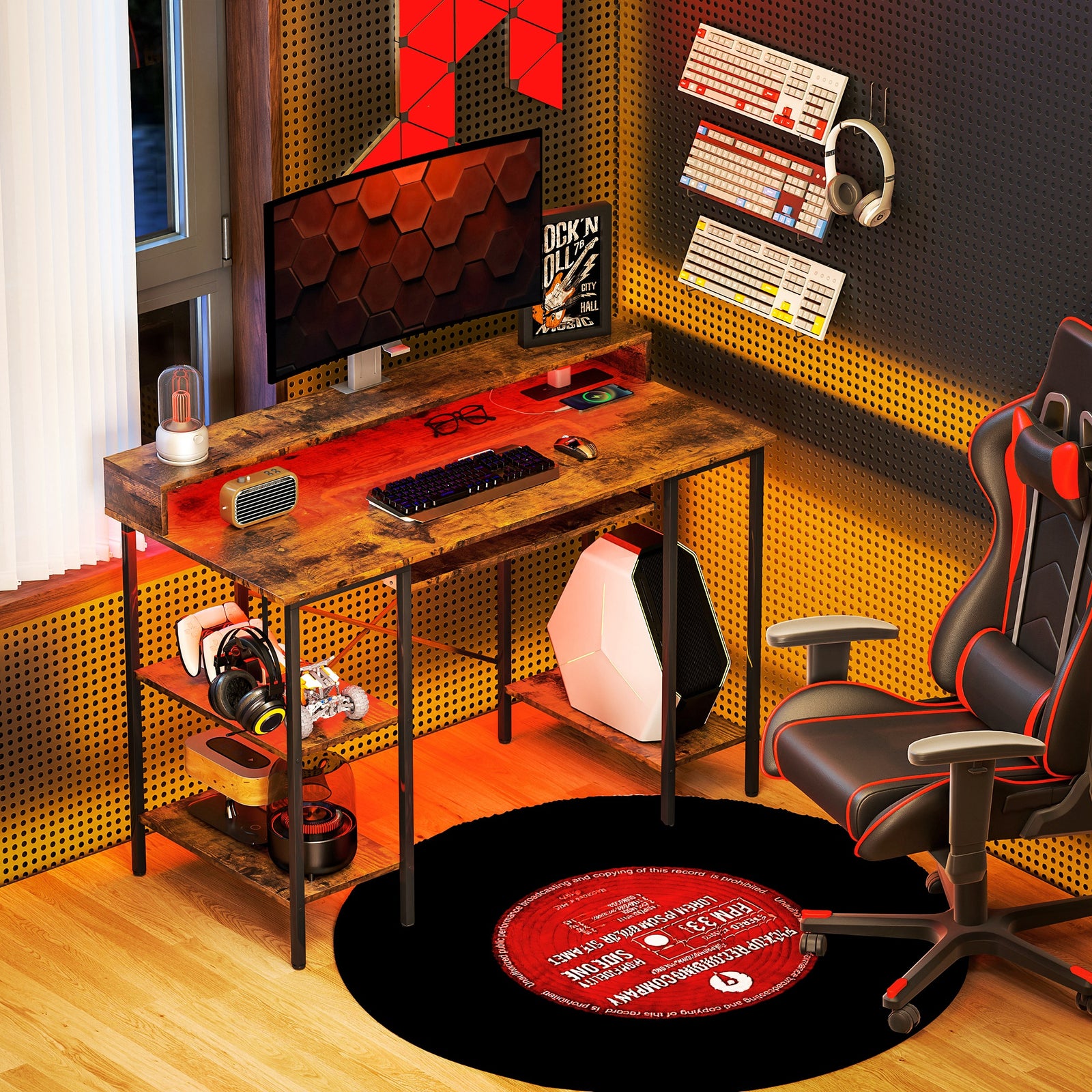 Gaming Desk With Monitor Stand And Sliding Keyboard Tray | Brown