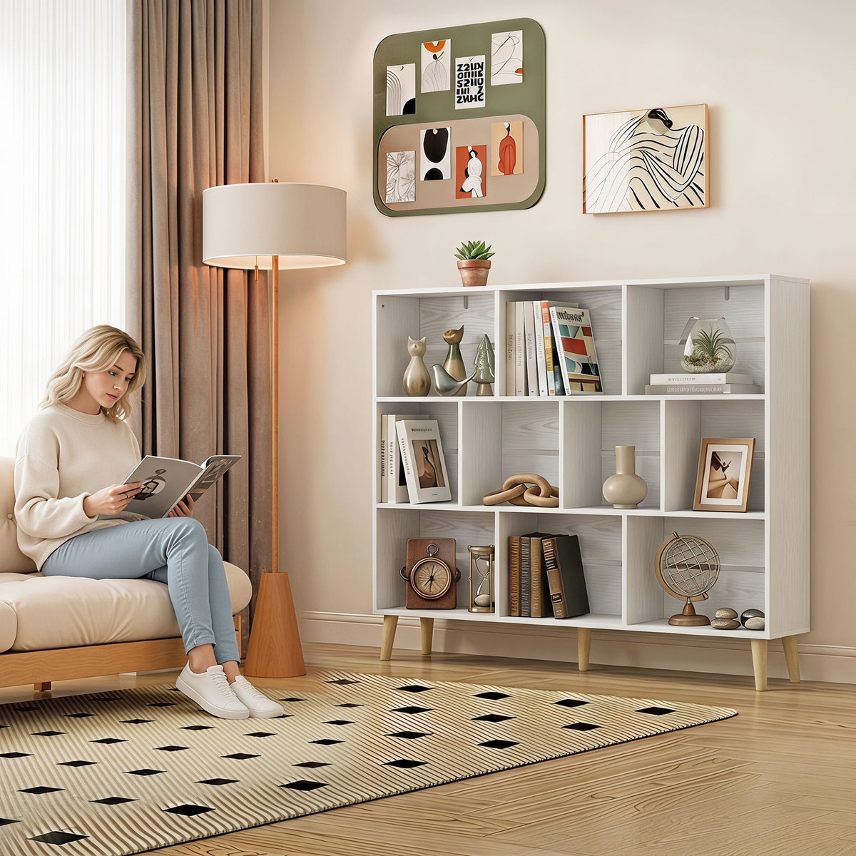 HOMCOM Bookshelf With 10 Cubbies, 3-tier Book Shelf With Wood Legs