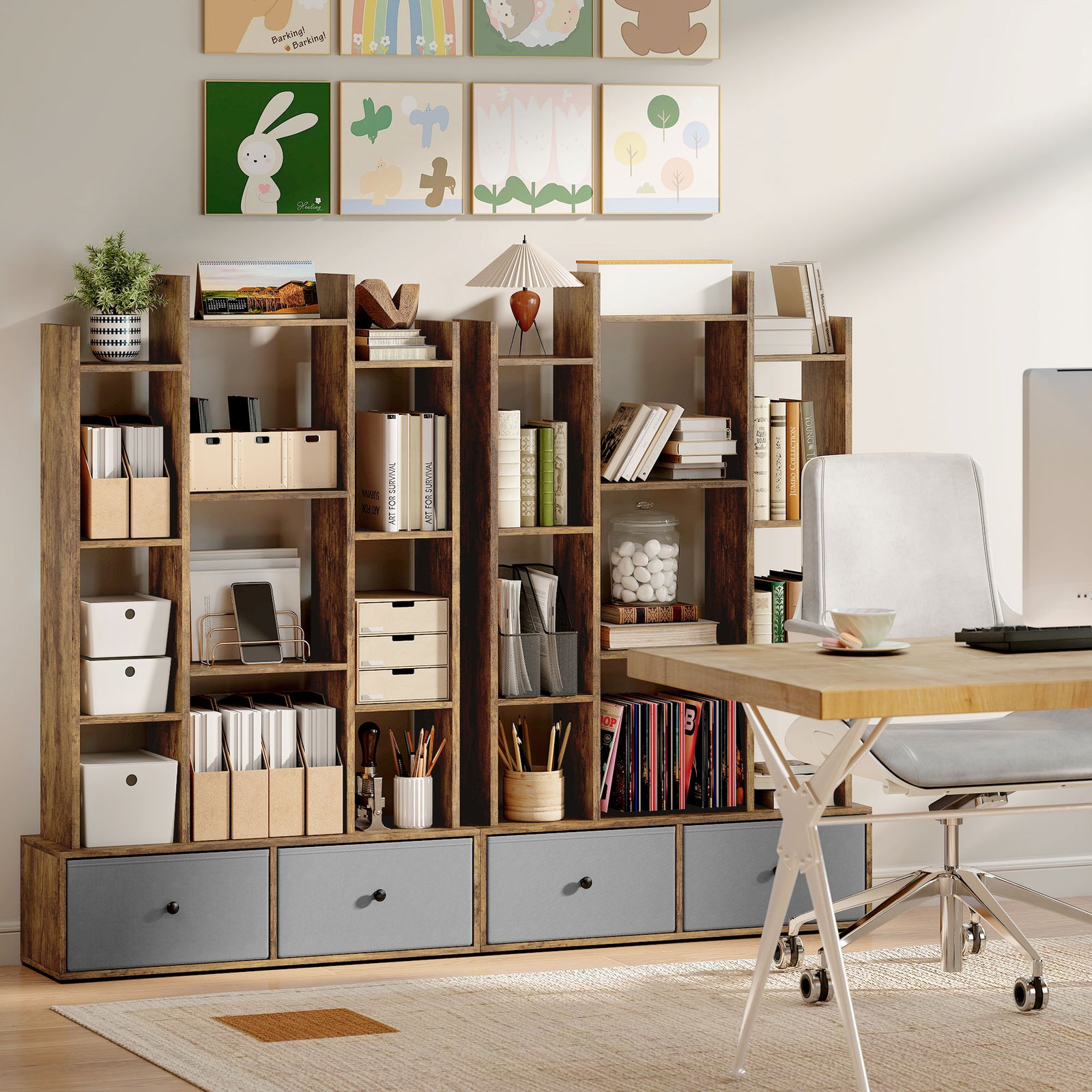 12-tier Bookshelf, Bookcase W/ 2 Folding Drawer | Rustic Brown