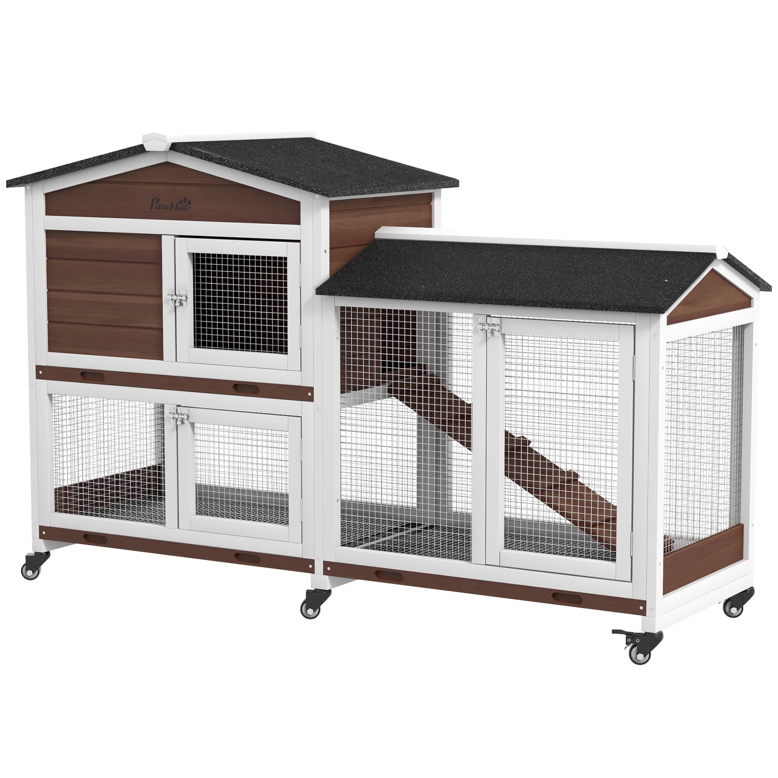 Wooden Rabbit Hutch Guinea Pig Cage W/ Wheels, Run, Ramp | Brown