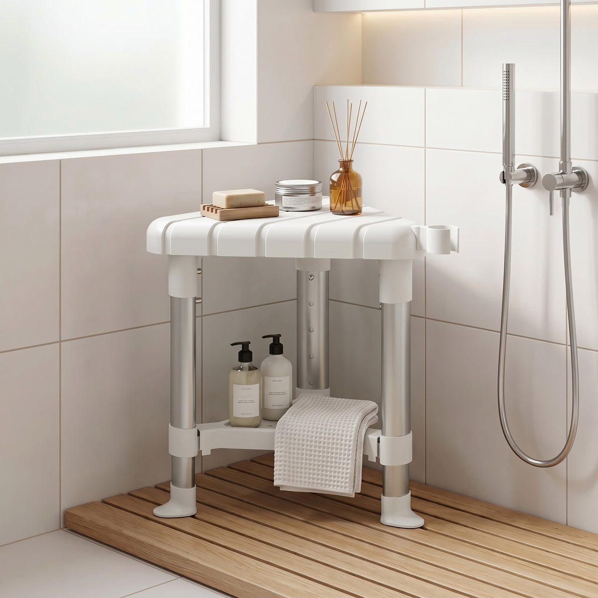 HOMCOM Shower Stool With Storage Shelf And Hdpe Seat, White