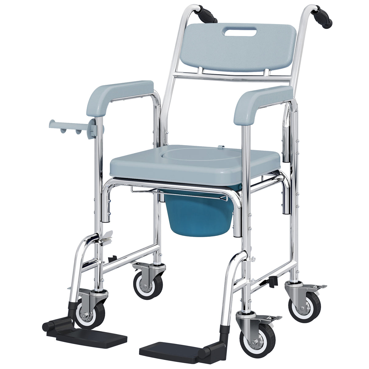 HOMCOM 4 In 1 Shower Chair With Wheels, Bedside Commode Wheelchair, Grey