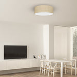 Marshall Hand Made Designer Ceiling Lamp In Matt White Metal And Natural Rattan Coloured Fabric