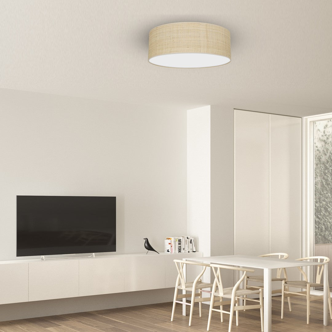 Marshall Hand Made Designer Ceiling Lamp In Matt White Metal And Natural Rattan Coloured Fabric