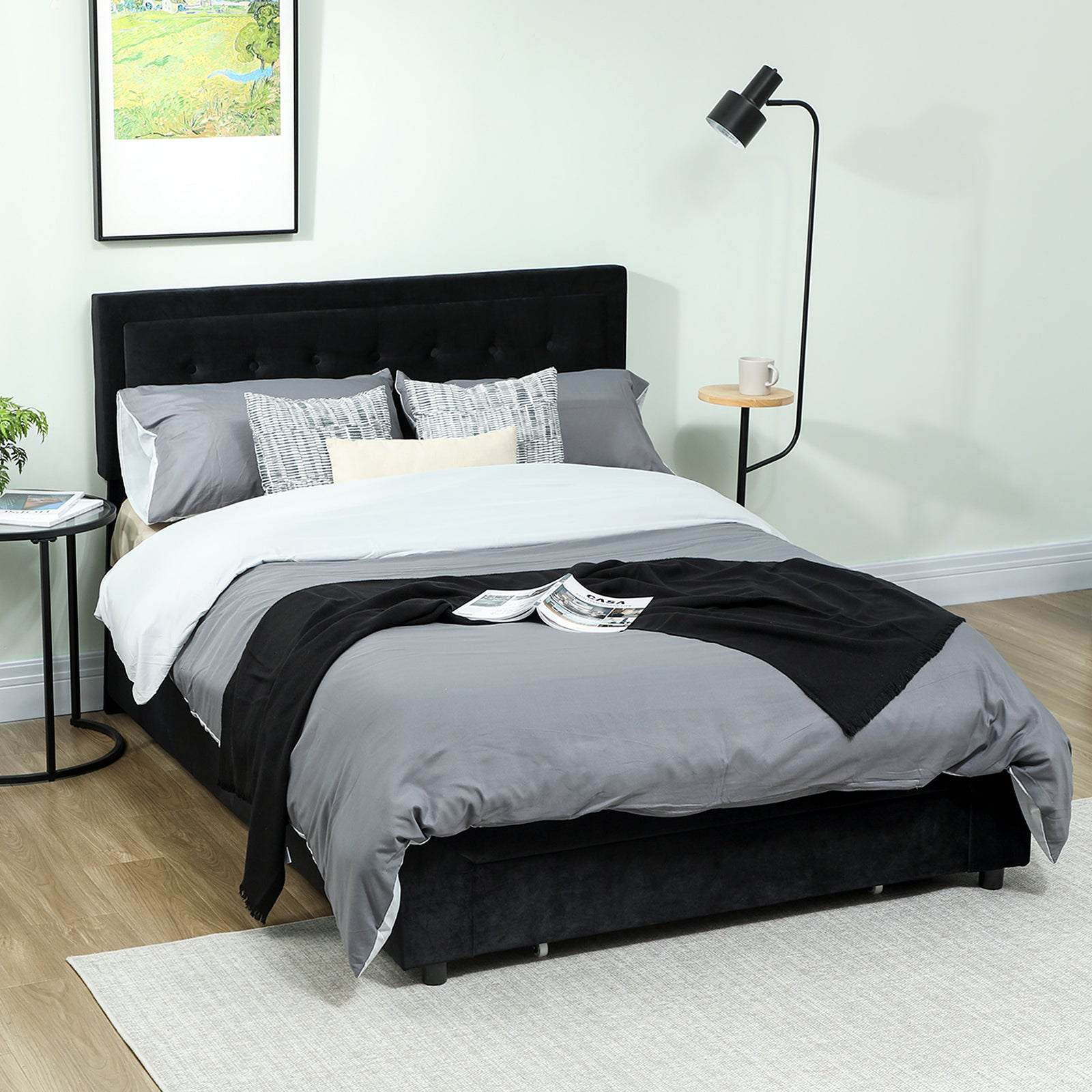 King Size Bed Frame With Storage And Adjustable Headboard | Black