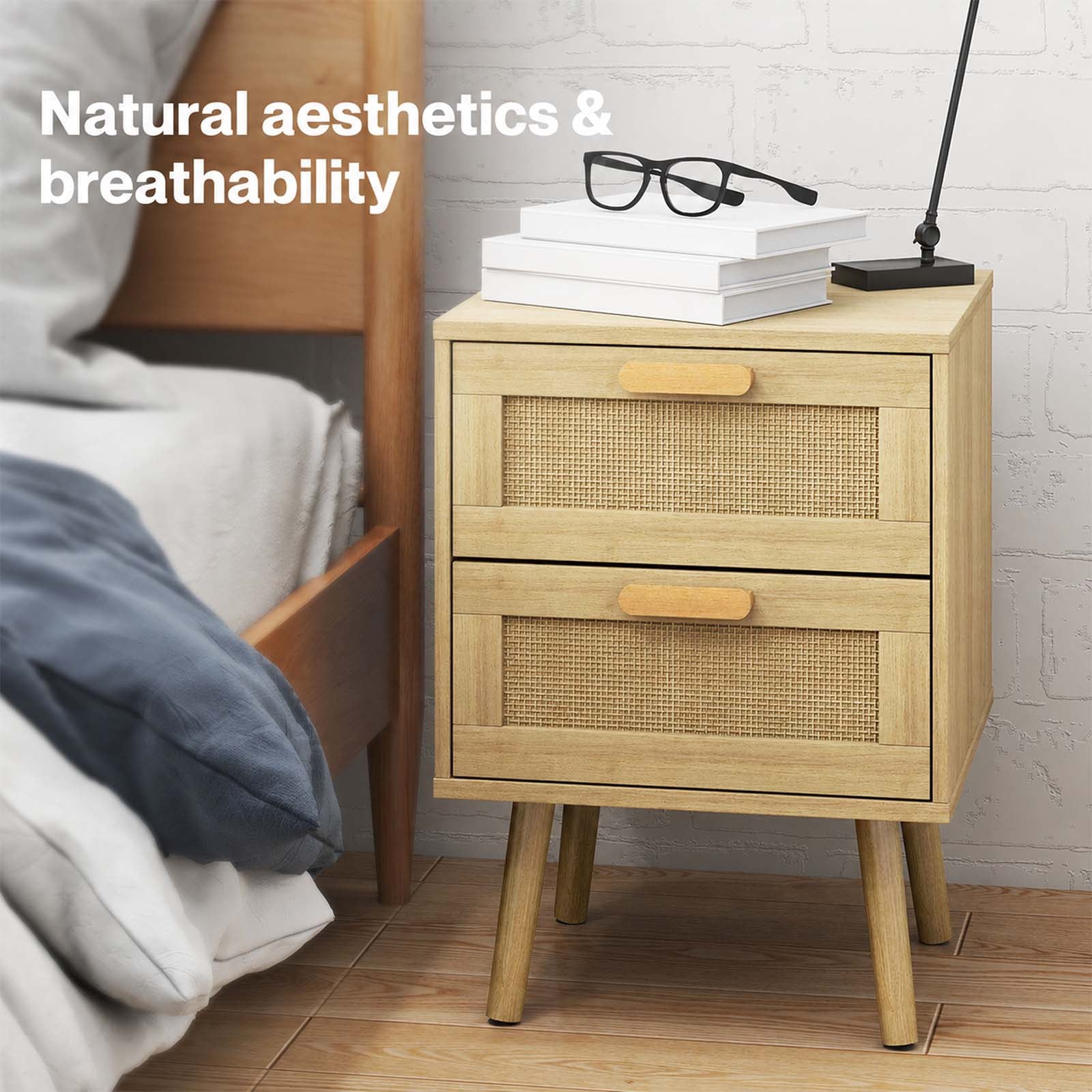 Levede Bedside Table Rattan 2 Pack Drawers Nightstand 57cm Bedroom Bamboo