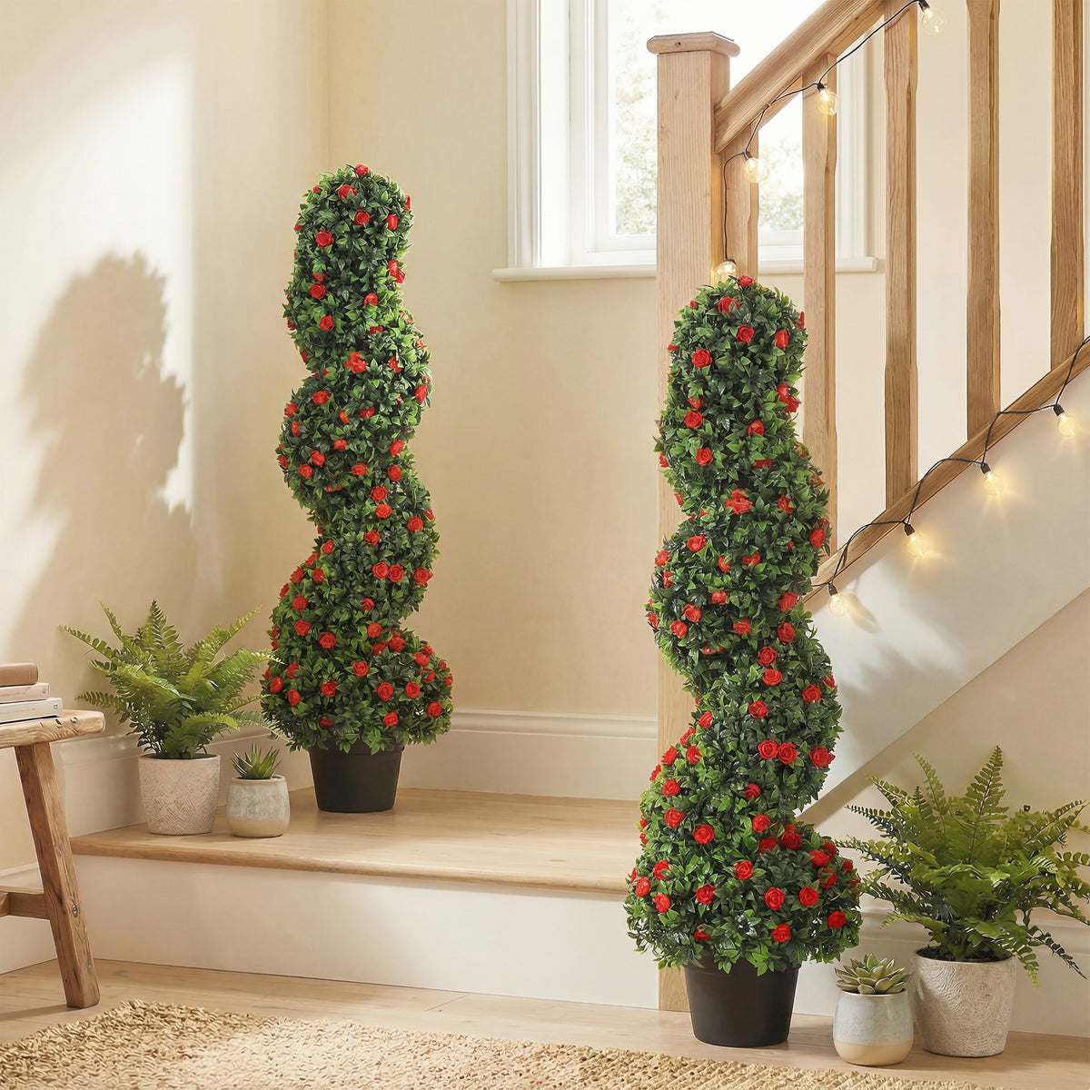 HOMCOM Artificial Rose Spiral Topiary Tree For Indoor Outdoor, Set Of 2