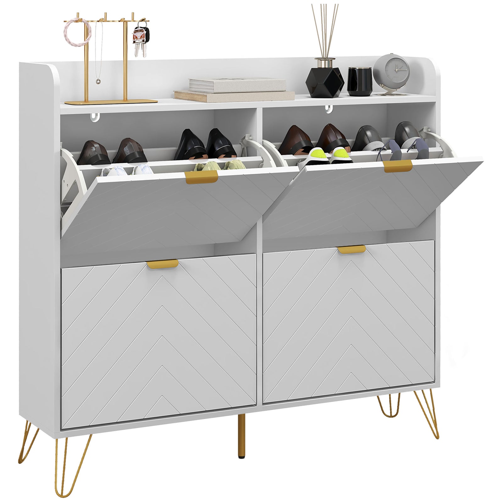 Narrow Shoe Storage Cabinet With 4 Flip Drawers For 16 Pairs