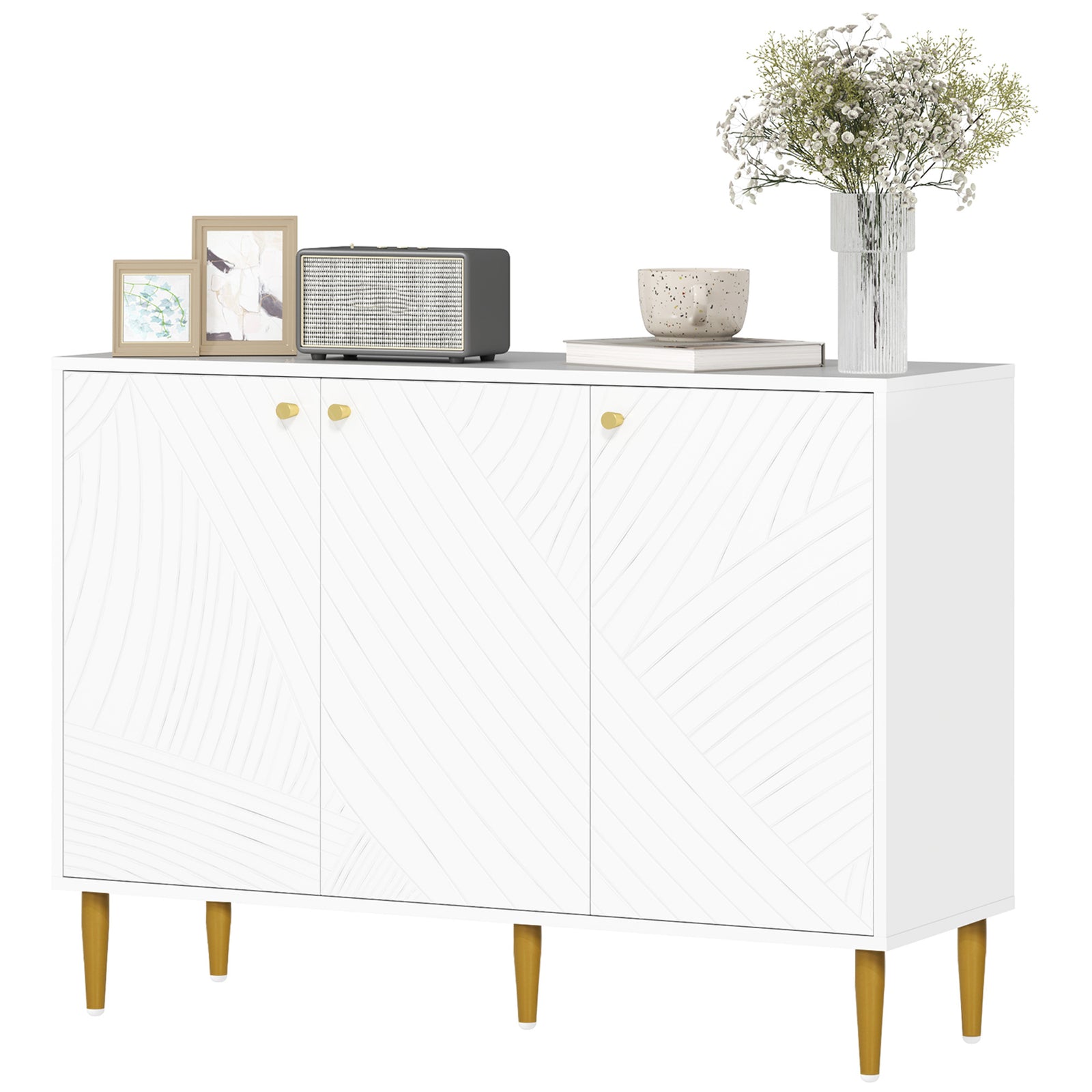 Sideboard Storage Cabinet With 3 Carved Line Doors