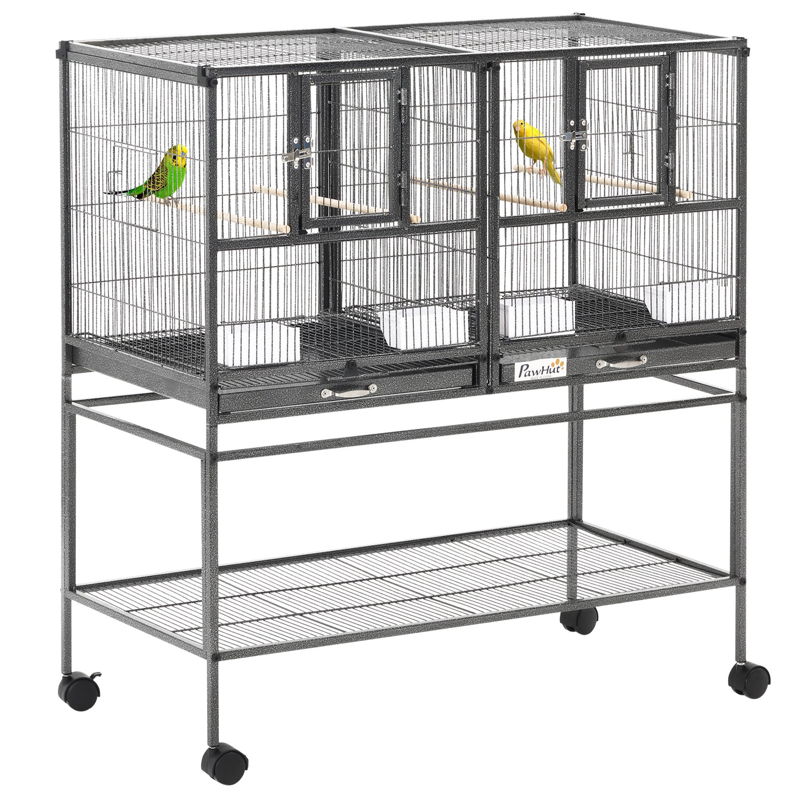 Double Rolling Bird Cage With Removable Metal Tray And Storage Shelf