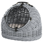 Wicker Cat Basket W/ Mat Handle Kitten Pussy Enclosed Bed Portable - Grey