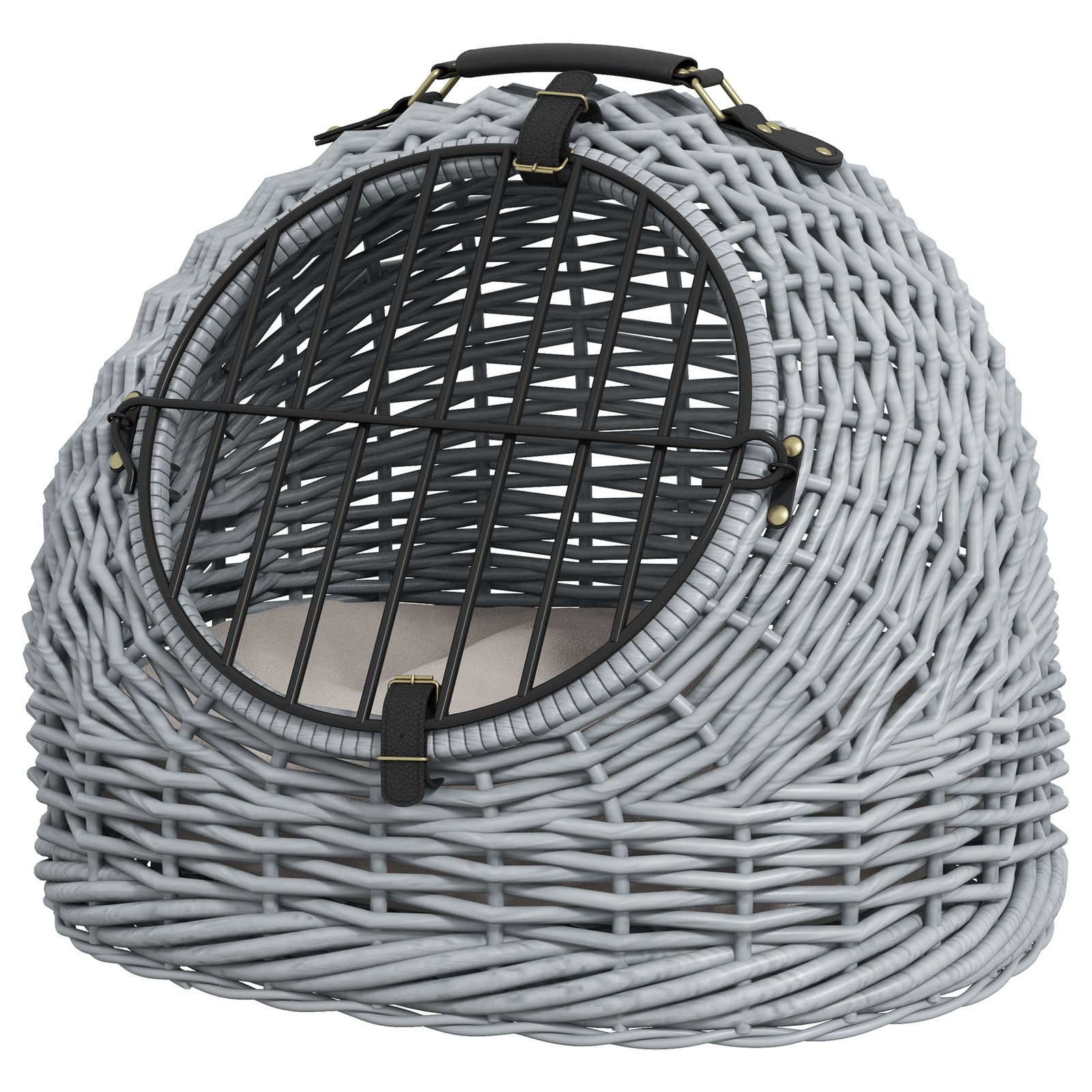 Wicker Cat Basket W/ Mat Handle Kitten Pussy Enclosed Bed Portable - Grey