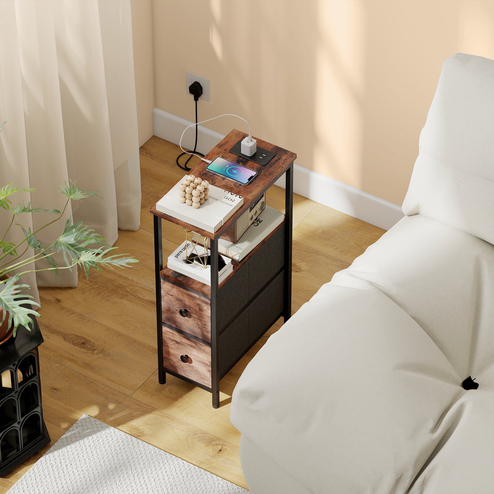 HOMCOM Side Table, Narrow Bedside Table With Charging Station, 2 Drawers