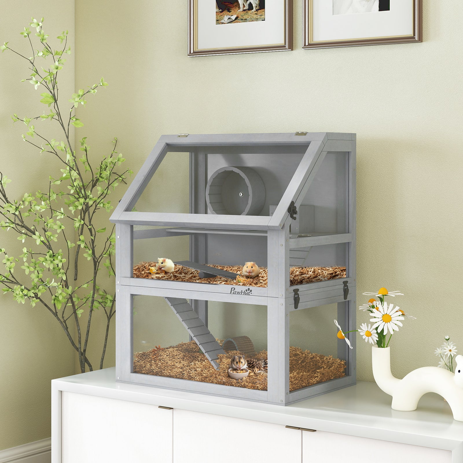 Wooden Hamster Cage W/ Detachable Bottom, Hut, Seesaw, Light Grey