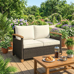 2 Seater Rattan Garden Sofa With Acacia Wood Armrests | Brown