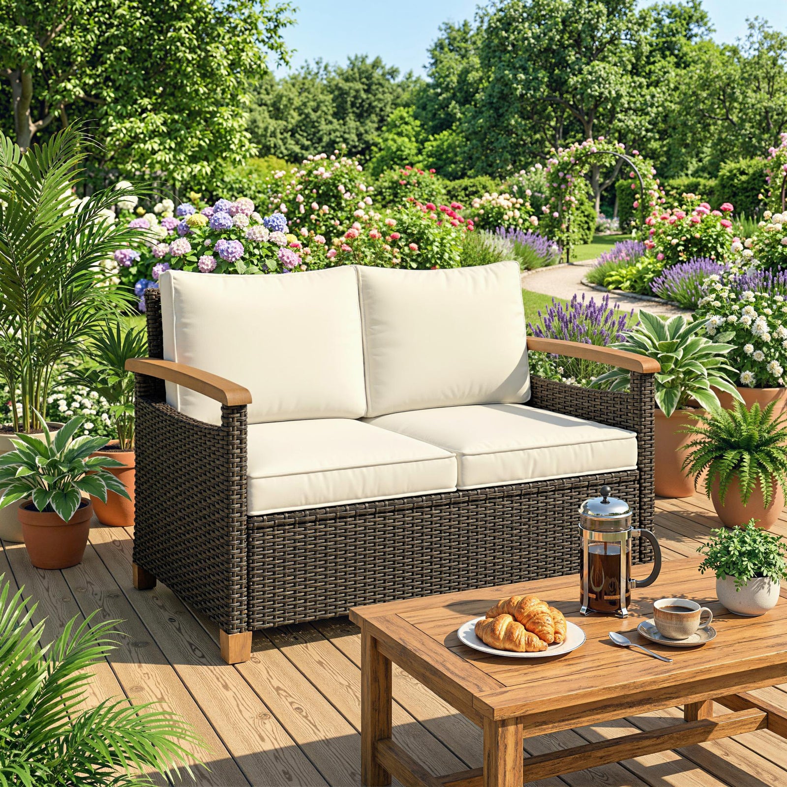 2 Seater Rattan Garden Sofa With Acacia Wood Armrests | Brown