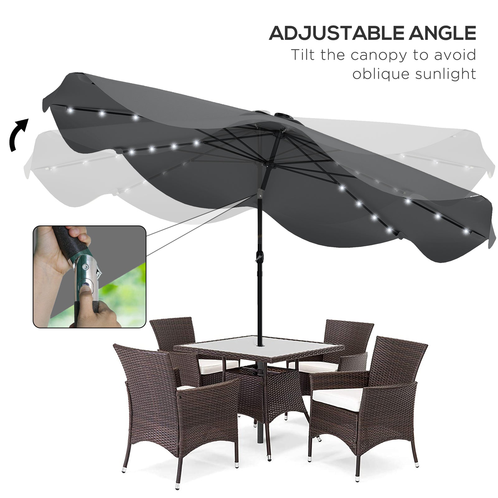 Solar Garden Parasol W/ Led, Tilt | Dark Gray