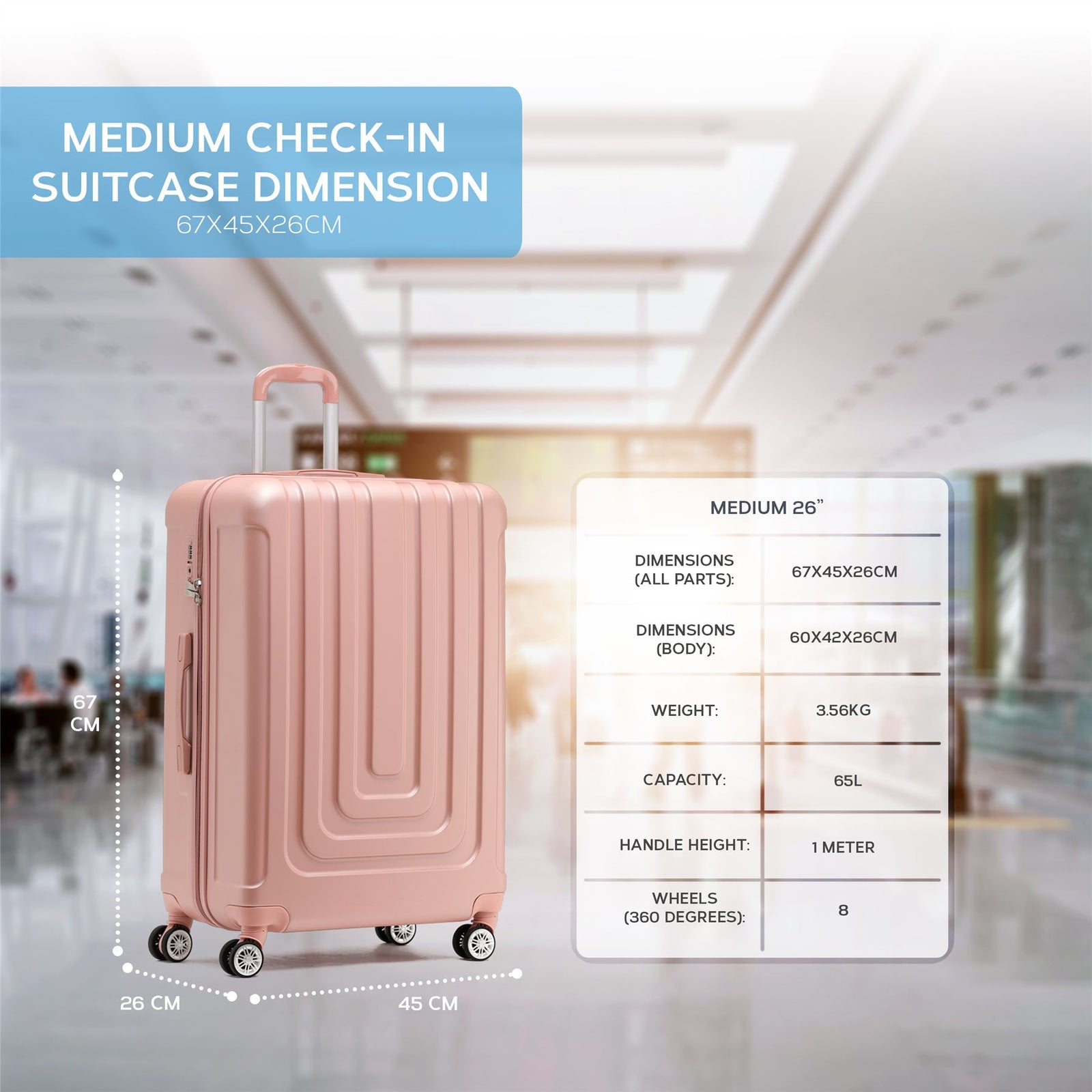 Medium 26" Hard Shell Check In Suitcase 8 Spinner Wheels Hold Luggage | Medium | Rose Gold