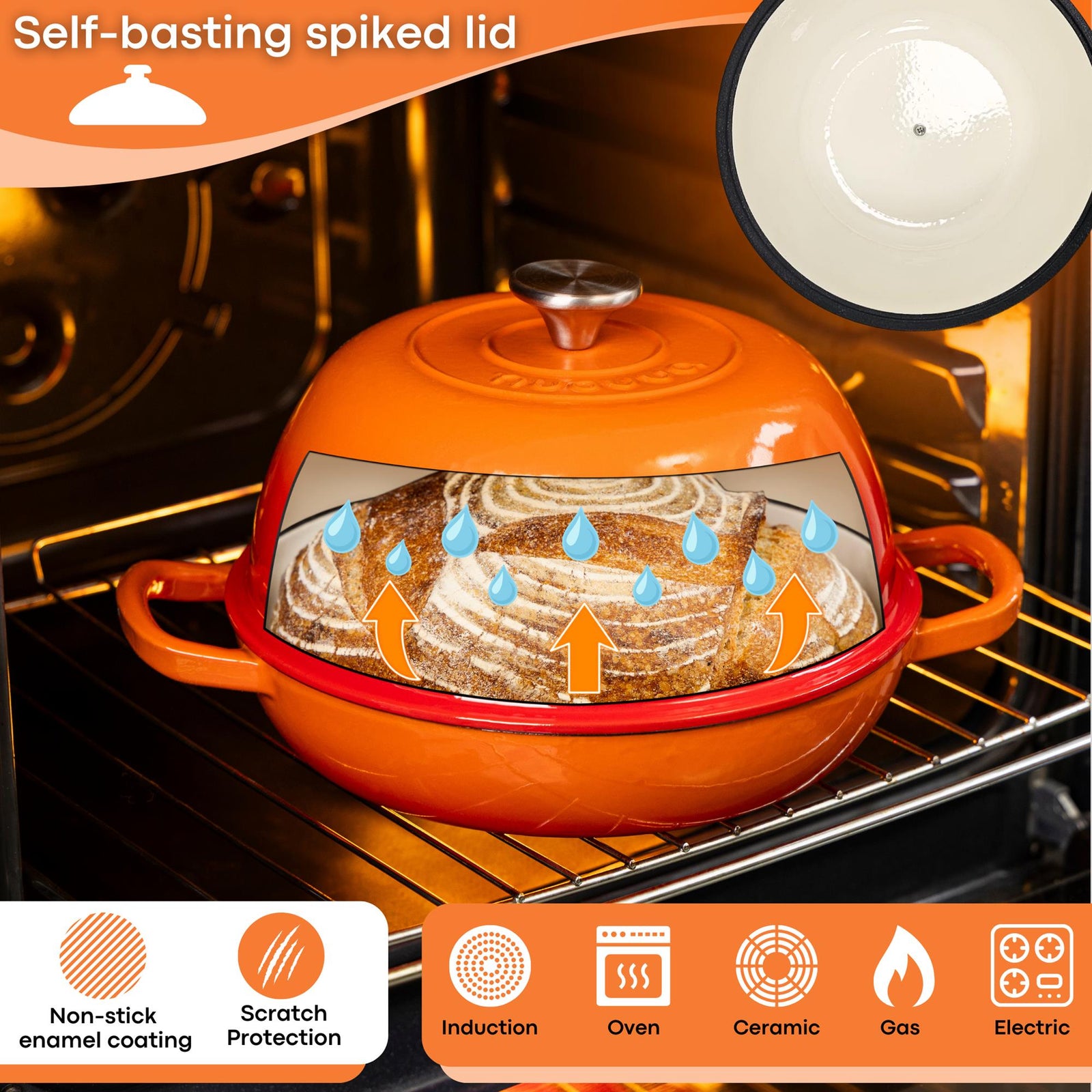 Enamelled Cast Iron Dutch Oven Bread Pot, 22cm (5.6l) | Orange