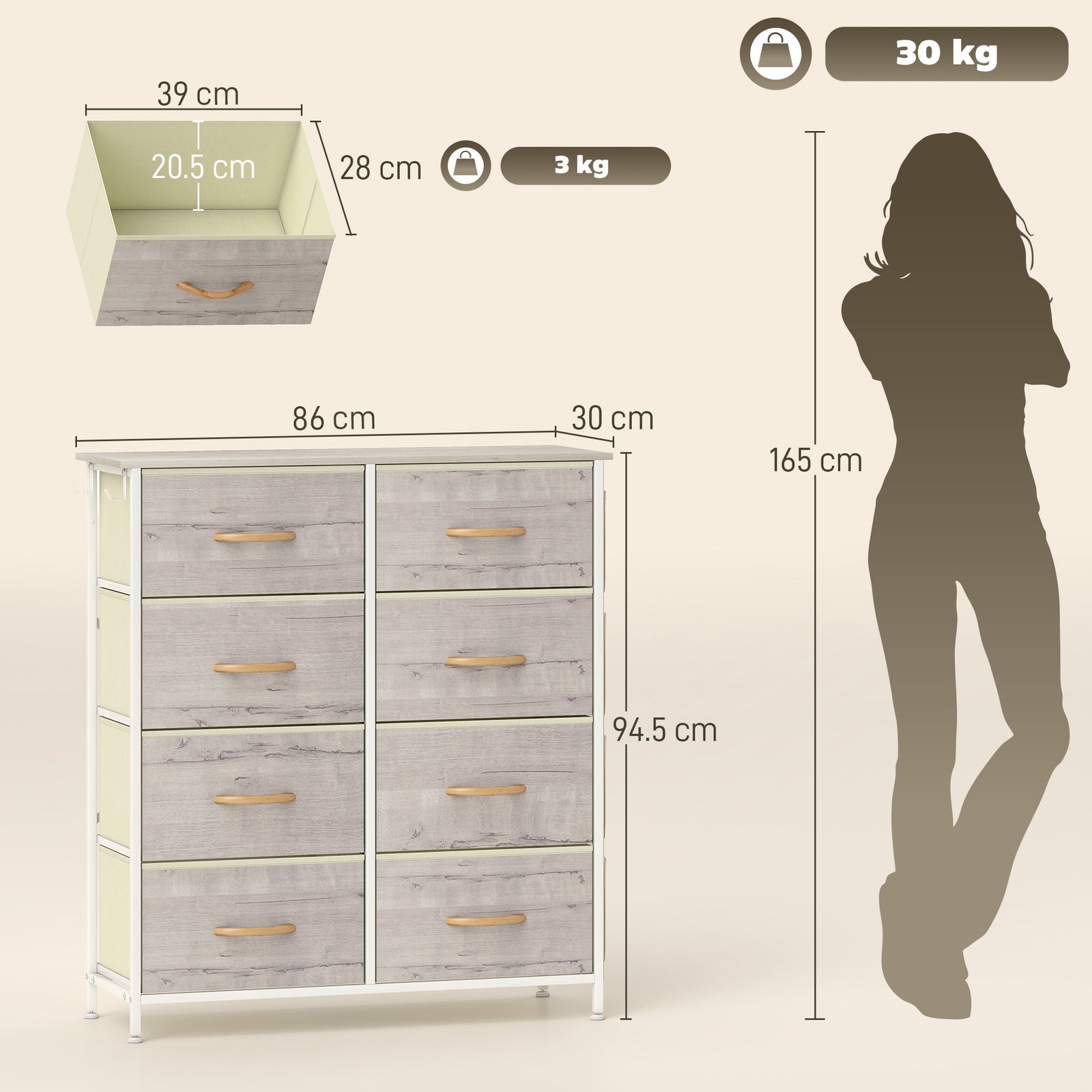 Fabric Chest Of Drawers, 8 Drawer Dresser For Bedroom | Natural
