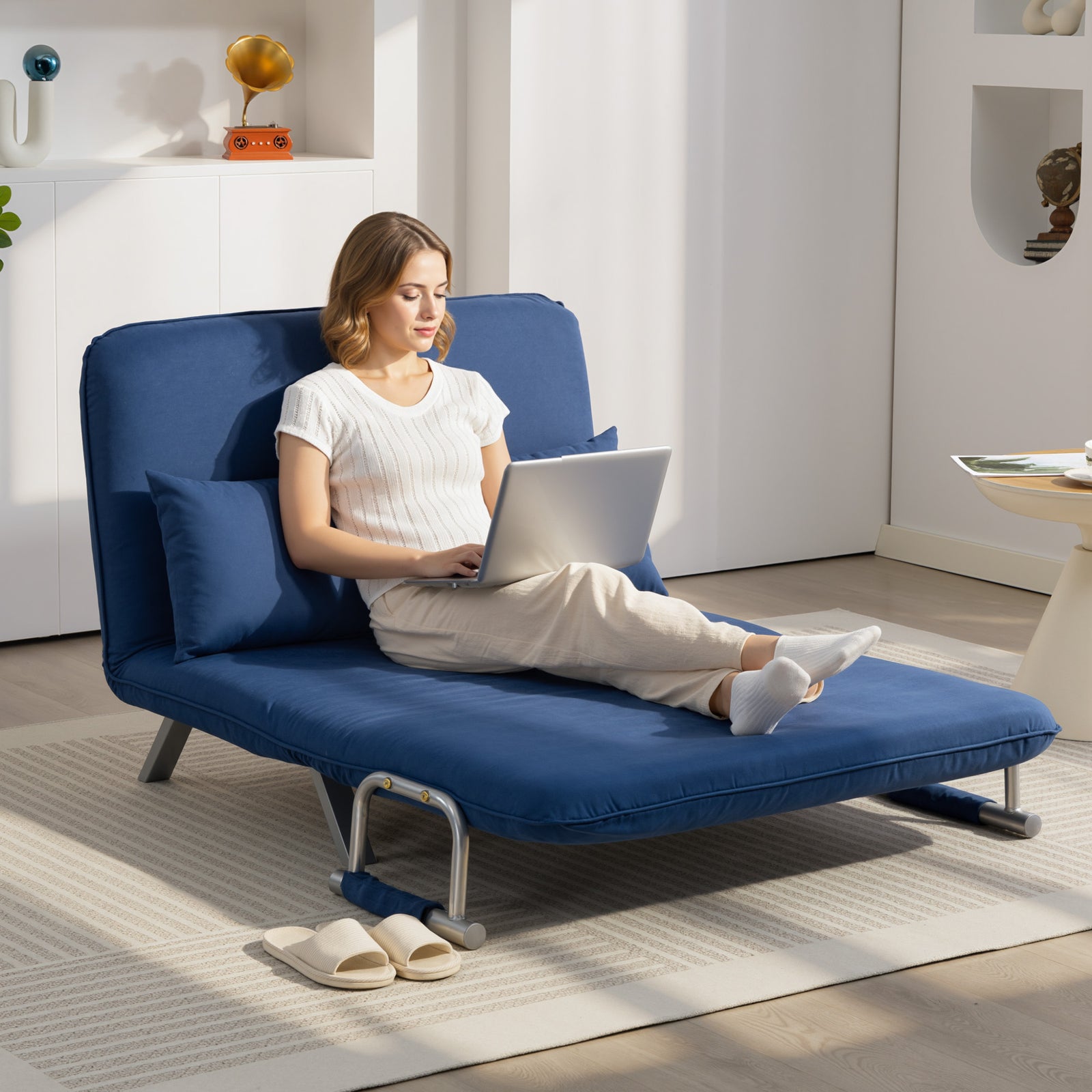 Fabric Sofa, Convertible 2 Seater Sofa Bed W/ Pillows, Dark Blue