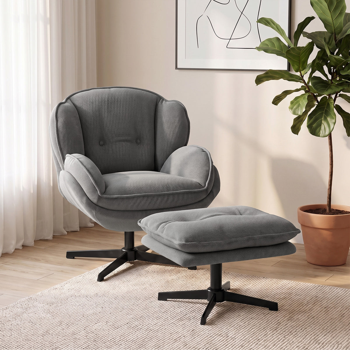 Armchair With Footstool, 360-degree Swivel Accent Chair | Grey