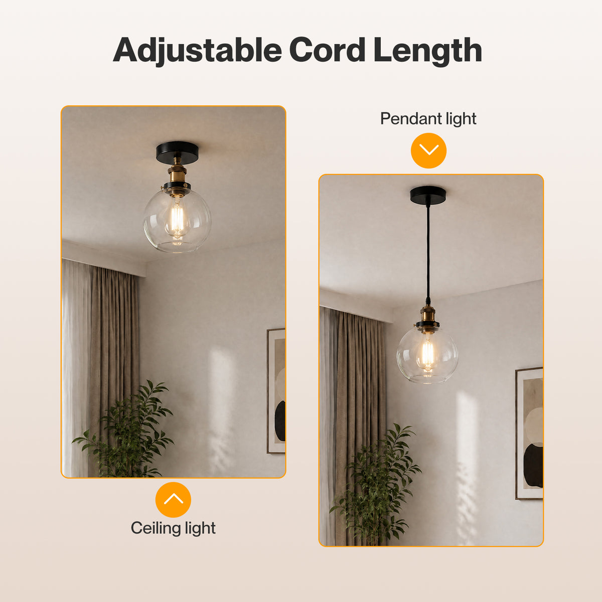 Emitto Ceiling Pendant Light Retro Industrial Glass Lampshade Adjustable Cable