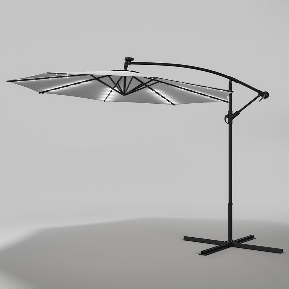 3 M Banana Patio Umbrella Cantilever Garden Parasol With Solar-powered 32 Led Lights, Crank For Opening Closing With Cross Base | One Size | Light Grey