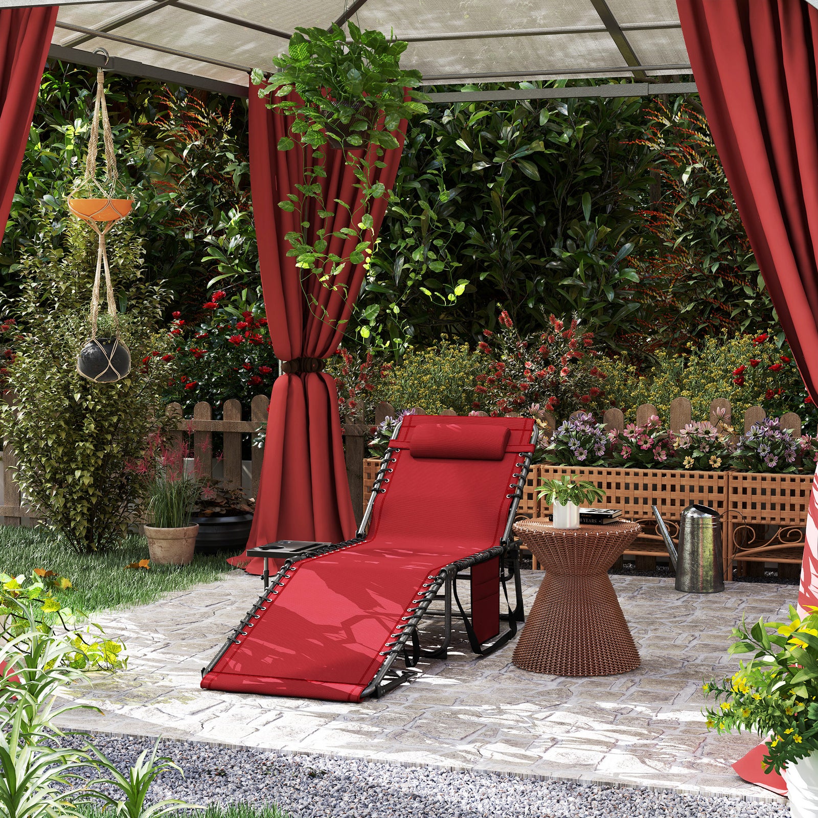Folding Sun Lounger With 5-level Reclining Back, Side Table | Red