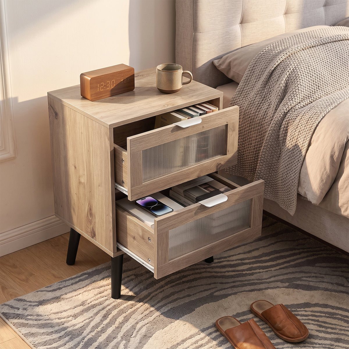 Breeins Modern Dual-drawer Bedside Table With Solid Wood Legs