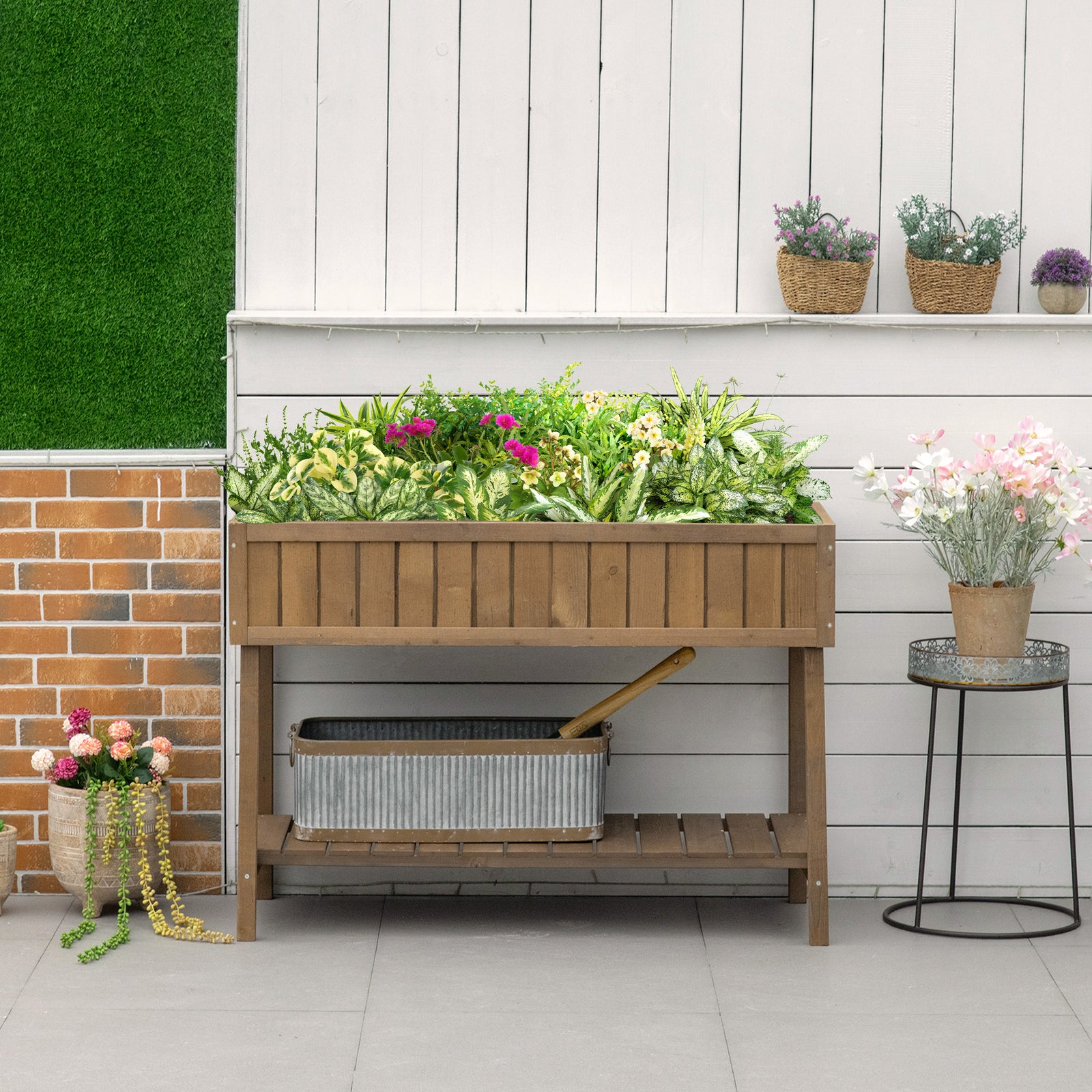 Elevated Wooden Garden Planter Stand With Shelf | Brown