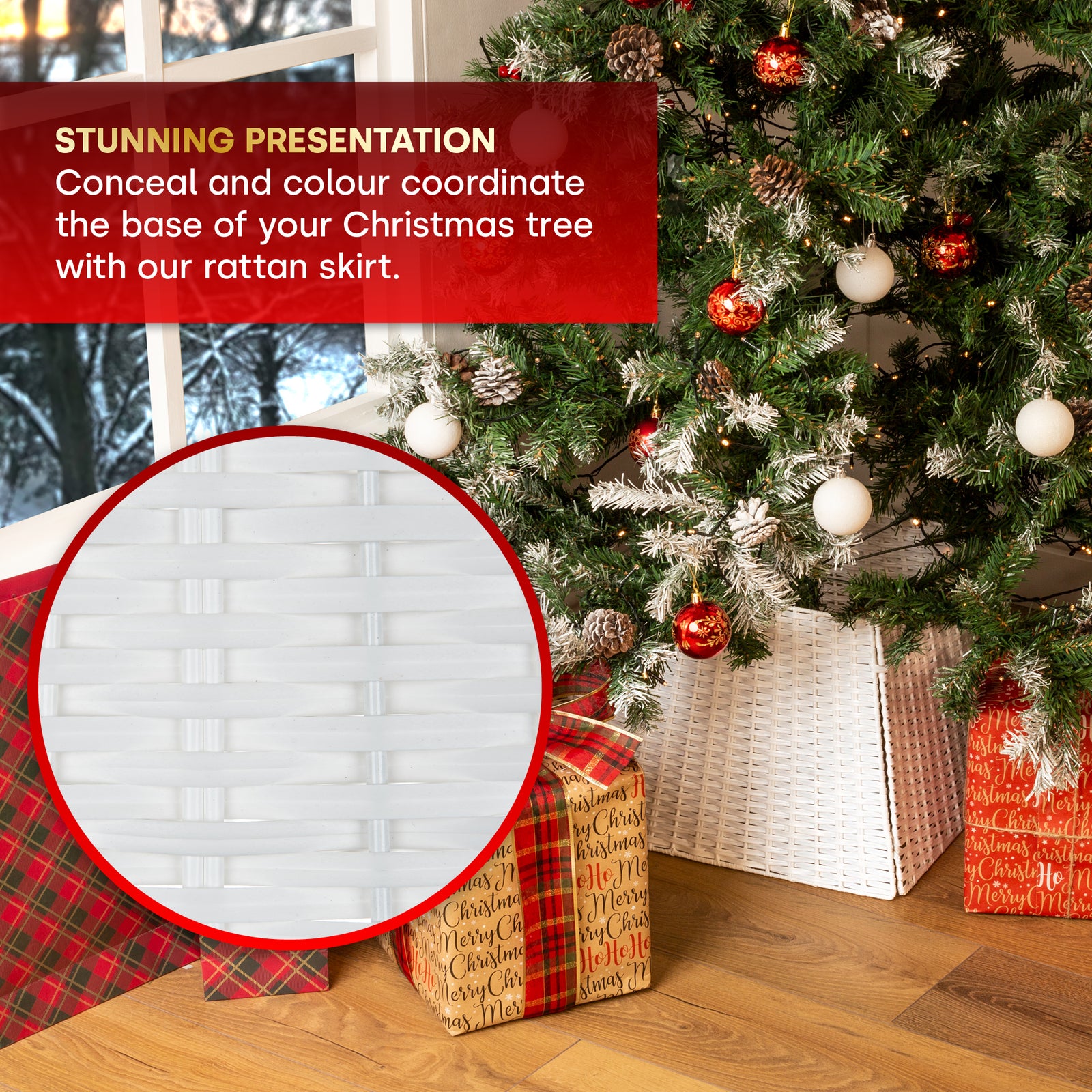 Rattan Christmas Tree Skirt Foldable Basket Decoration | White