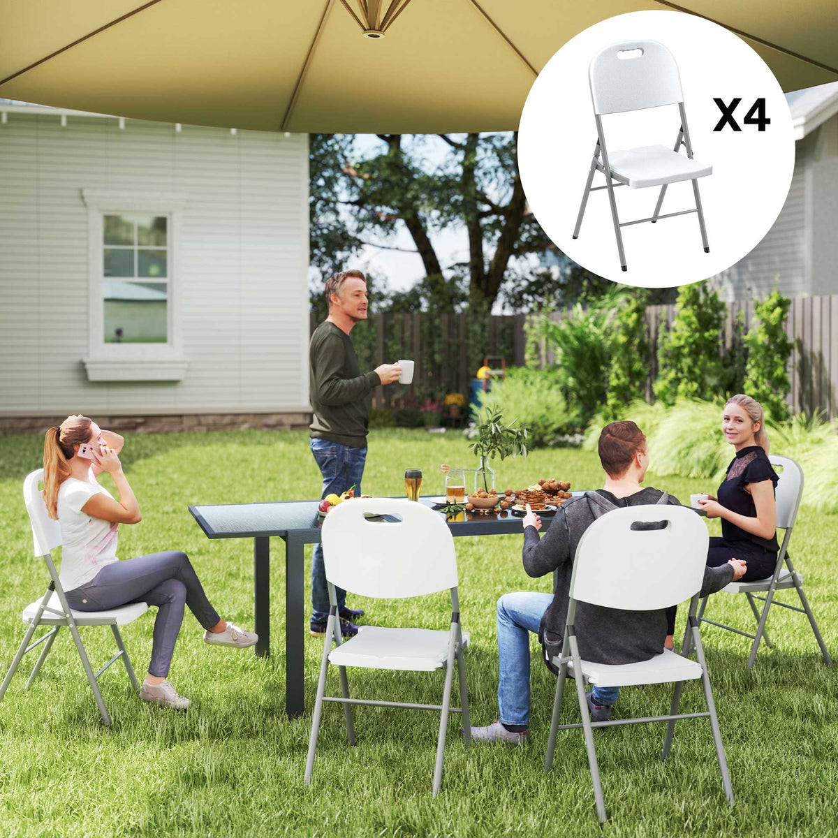 Folding Chair With Steel Frame, Garden Chair Set | Set of 4 | White