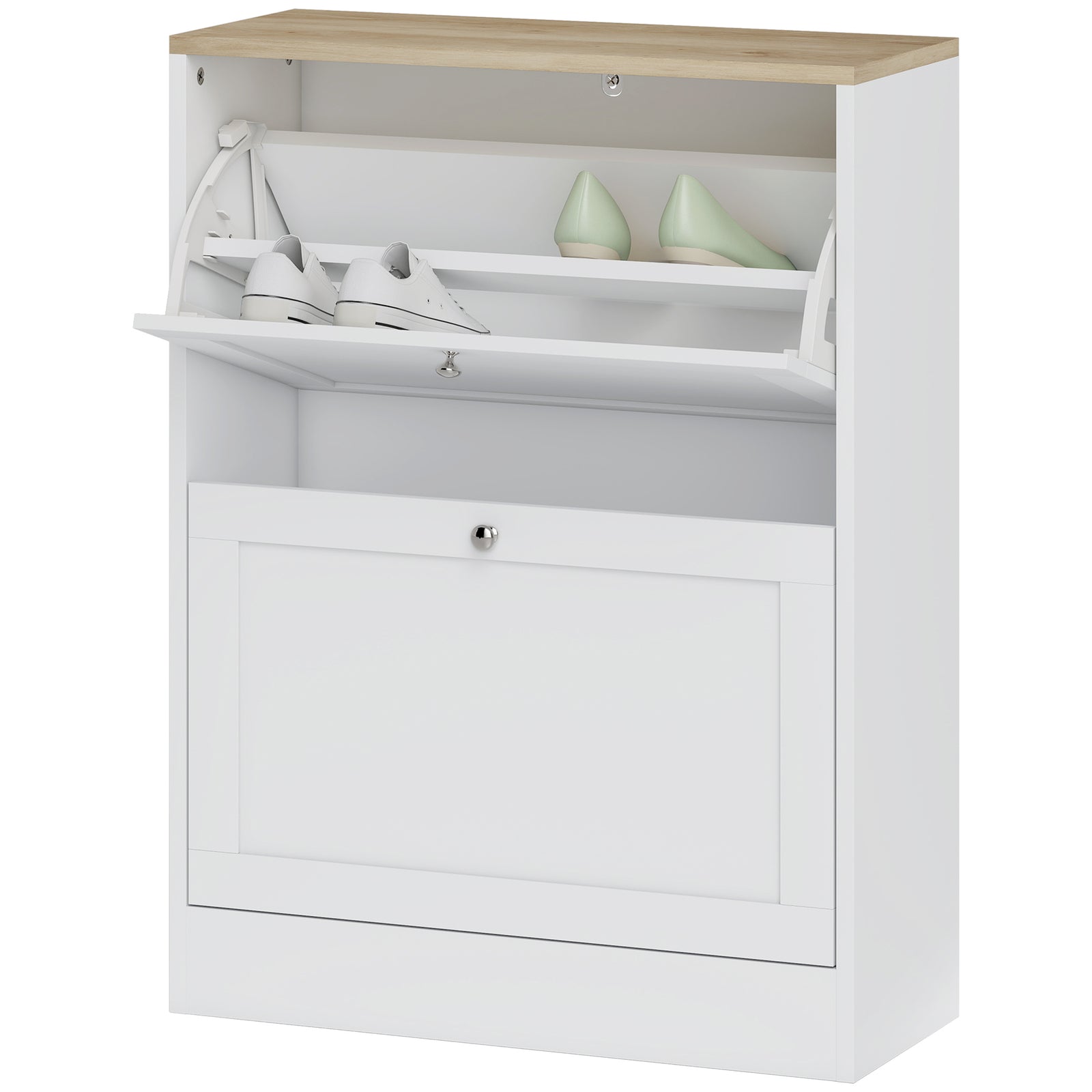 2 Flip Drawer Narrow Shoe Cabinet With Adjustable Shelves, White
