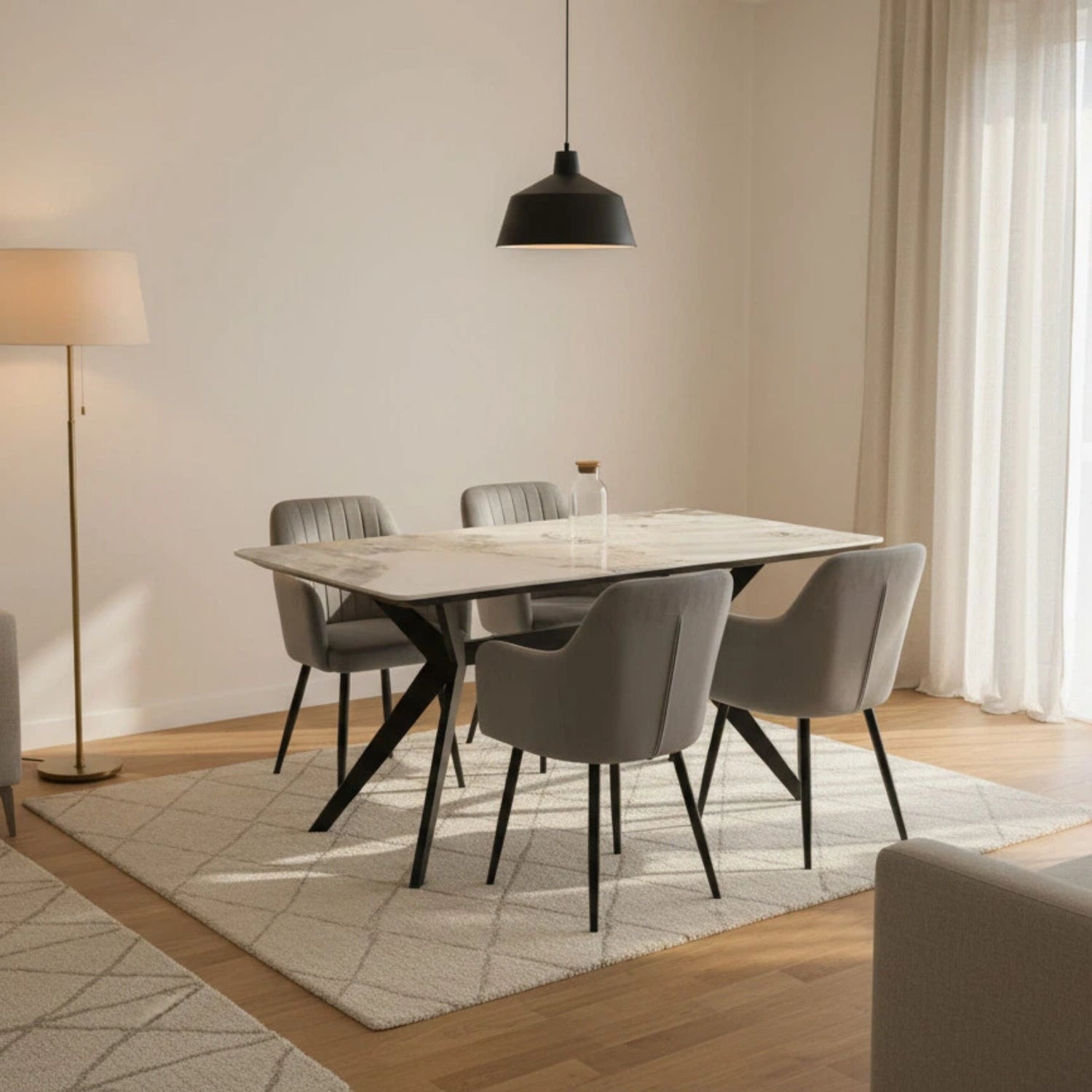 San Diego Marble Top Dining Table With Charlotte Velvet Chairs | Grey