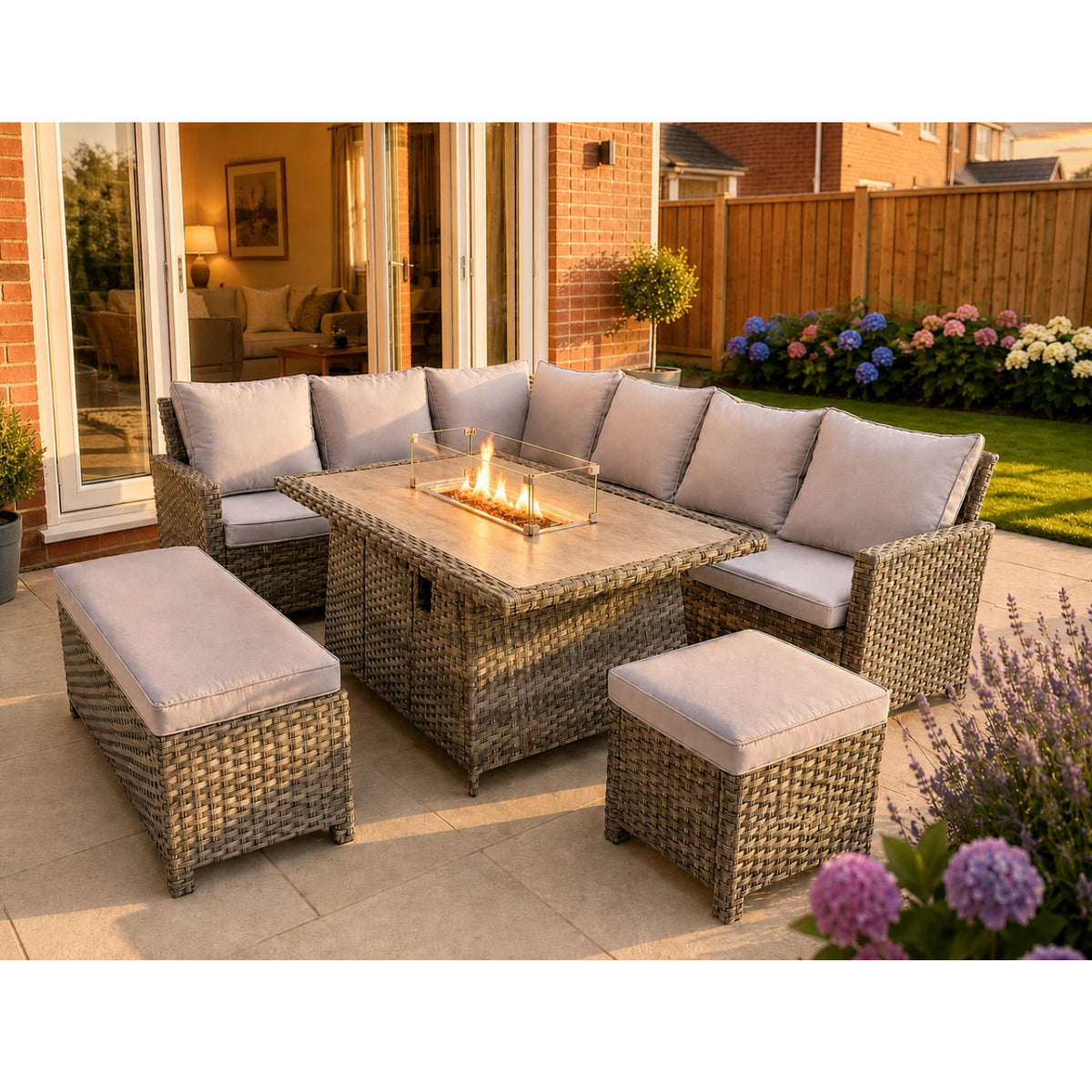 Indoor & Outdoor Living The Maldives Grey Aluminium 9 Seat Corner Gas Firepit Rattan Dining Set
