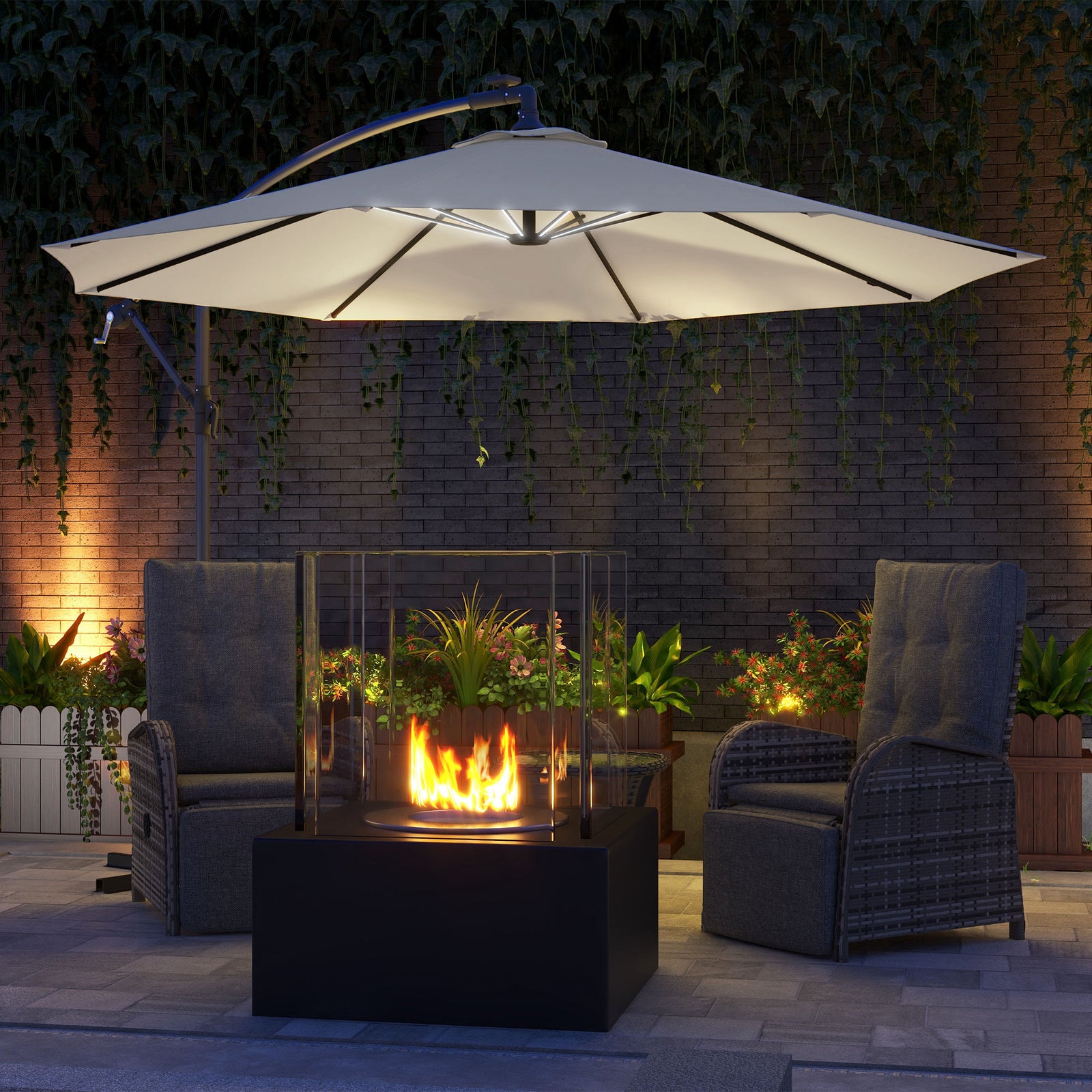 3m Led Patio Parasol W/ Solar Lights & Base | Beige
