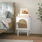 Boho Bedside Table With Rattan Door And Adjustable Shelf | White