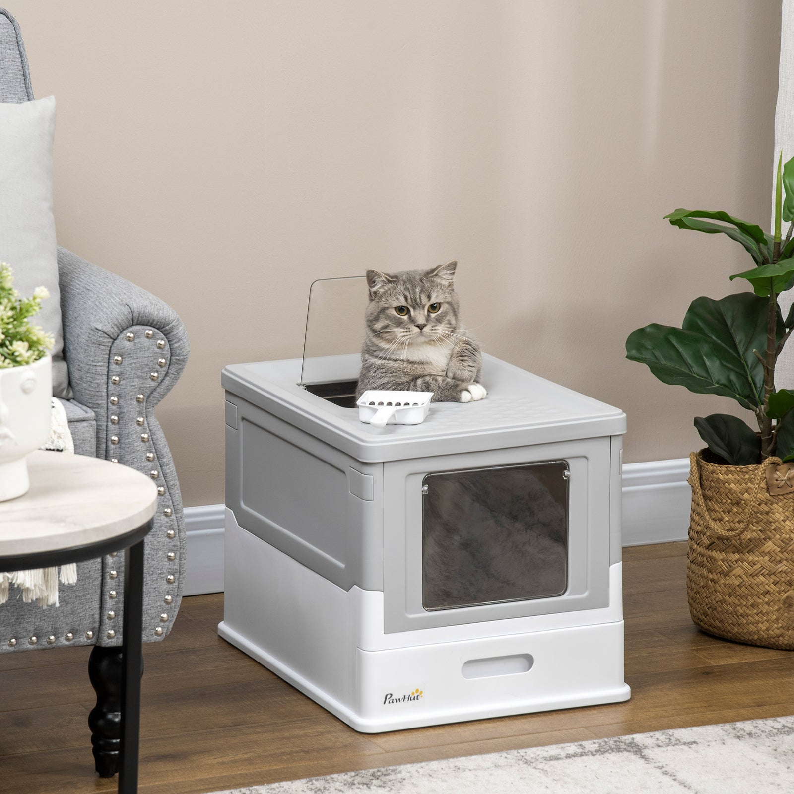Hooded Cat Litter Box W/ Tray, Scoop, Front Entry | Gray