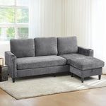 Grey Chenille 3-seater Sofa With Ottoman – Metal Rivets, Cup Holders & Side Pockets, Wooden & Iron Frame