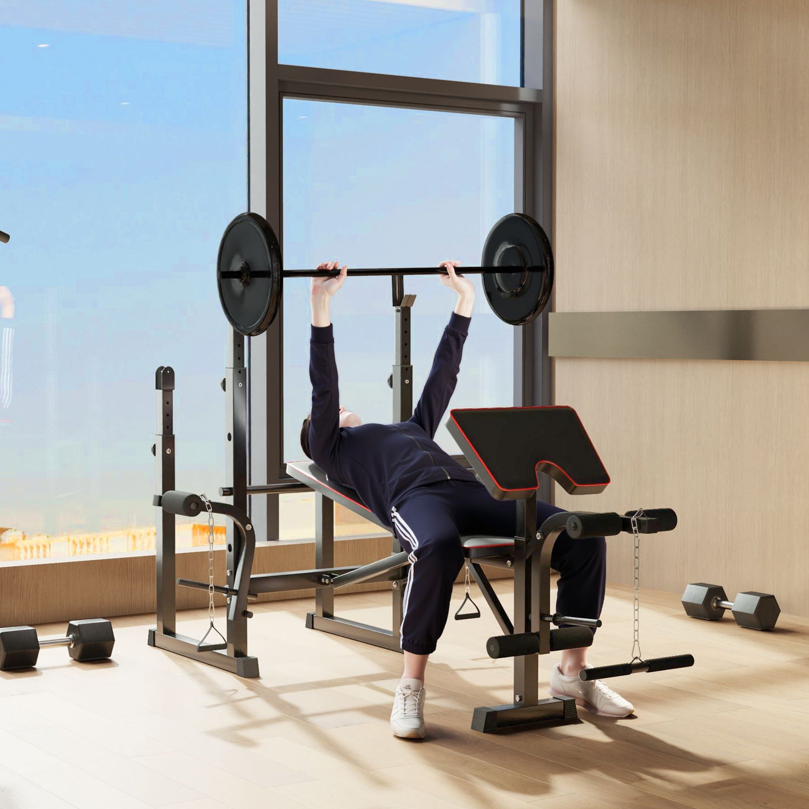 Folding Weight Bench W/ 2 Barbell Rack And Preacher Curl